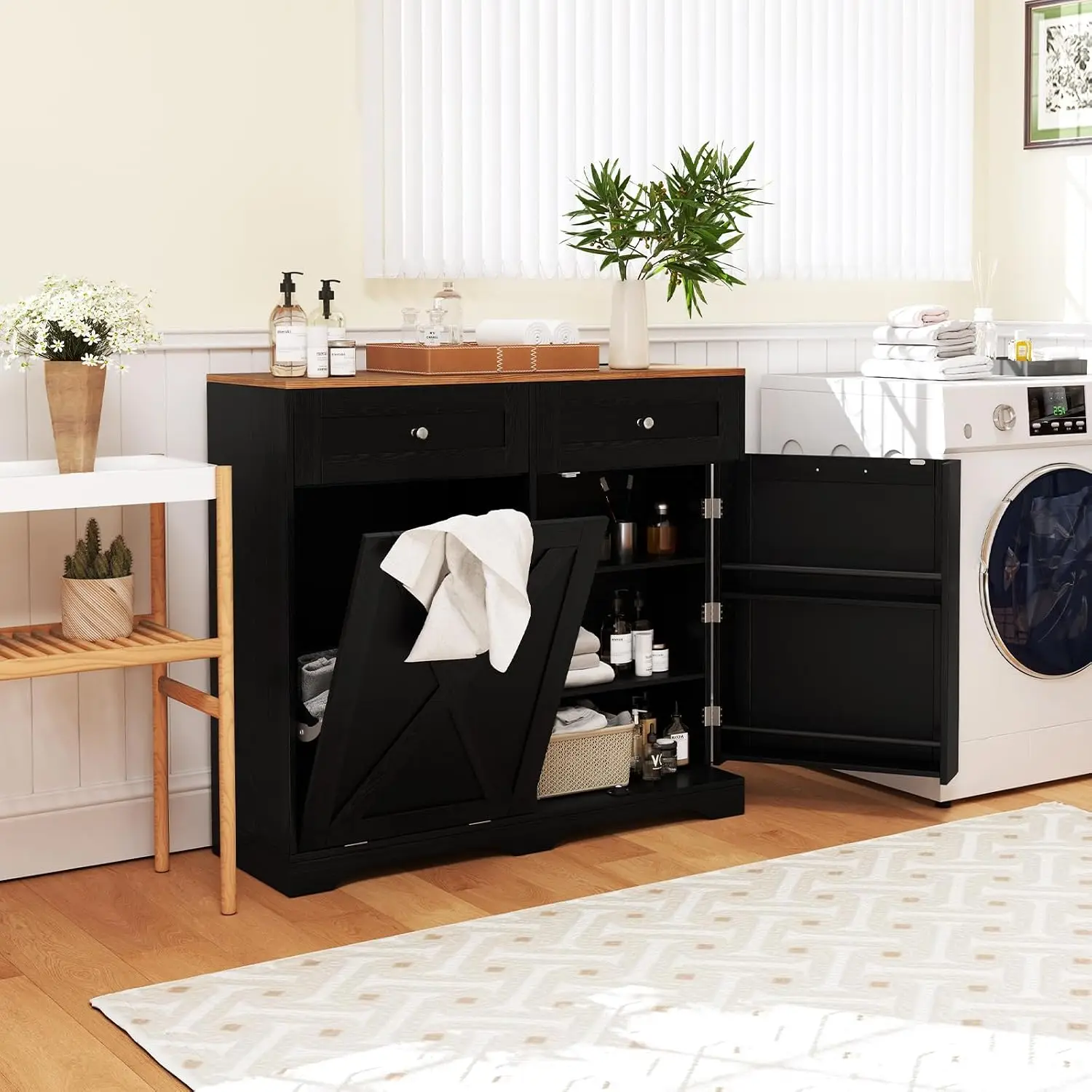 Kitchen Cabinet with Charging Station & Drawers & Shelves, Bar Table with 9.25G Hamper, Hidden Garbage Cabinet, Customized