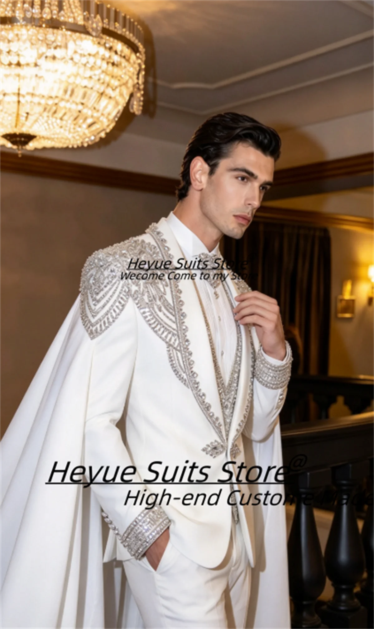 Luxury White Men Suits Customized Cape Handmade Silver Rhinestone Beaded Peak Lapel Groom Wedding Tuxedos 3 Pcs Sets Ropa Hombre