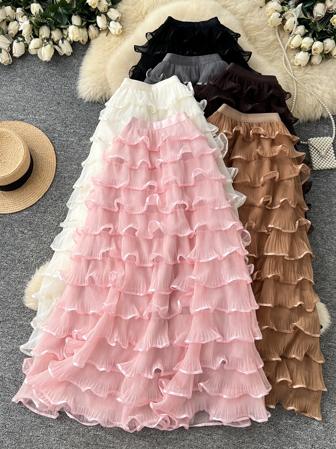 Elegant High Waist A-Line Skirt Women's Full Skirt Gauze Cake Skirt Spring Autumn Layered Lace Trim Puffy Gauze Skirt