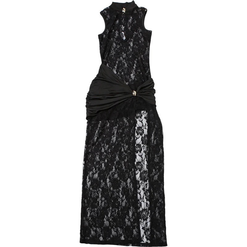 Sexy schwarzes Spitzen-Blumen-durchsichtiges Maxikleid für Damen, ärmellos, aushöhlen, Patchwork, hoher Split, Abschlussball, Nachtclub, Party, langes Kleid