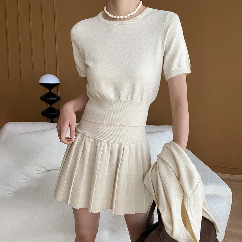 Elegant Women Mini Skirt Suits Autumn Long-sleeved Cardigan Slim Short Sleeve Knitted Cropped Tops and Waisted Pleated Skirt Set