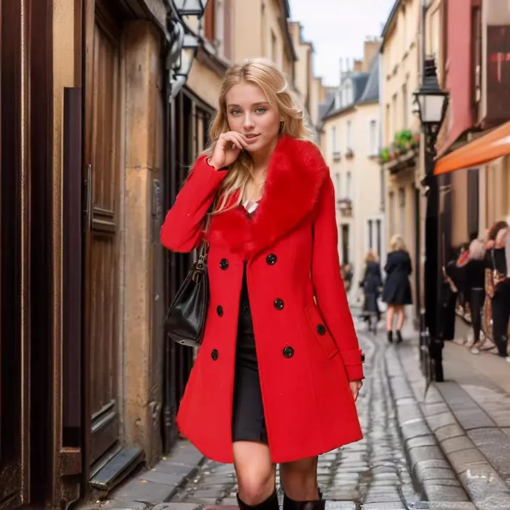 

Women's Korean Style Large Fur Collar Woolen Outwear Double-Breasted Casual Autumn Winter Jacket European American Clothing