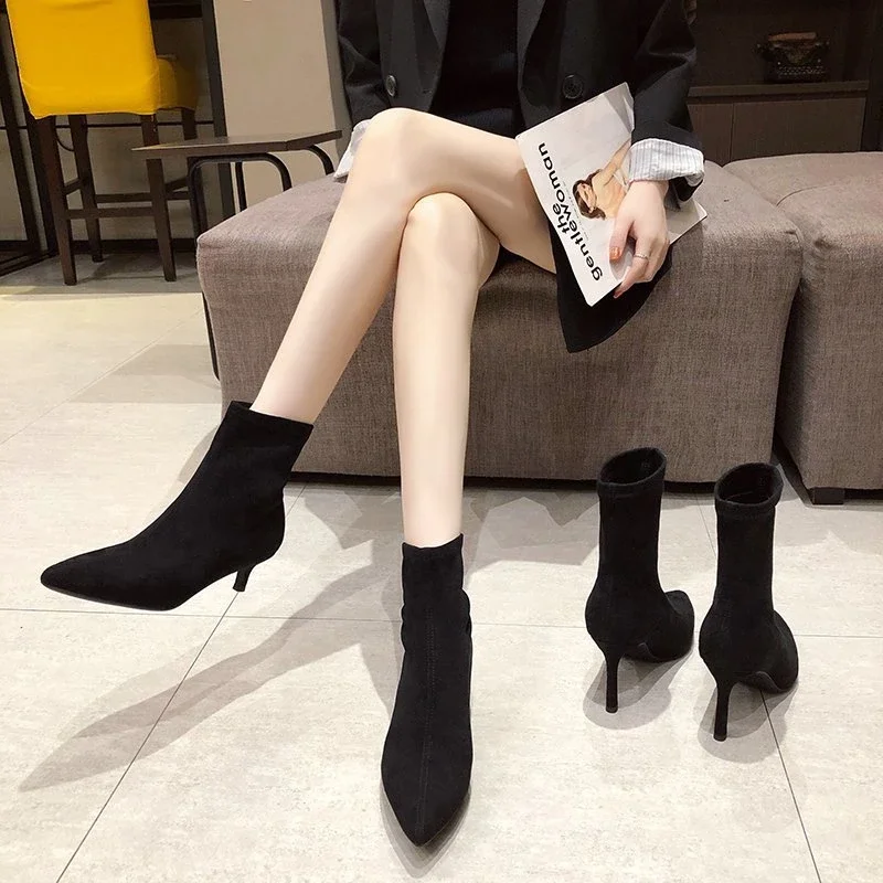 2024 Luxury Women Beige Black Sock Boots Stiletto Thin High Heels Elastic knitting Boots Winter Stretch Fabric Boots Plus Size