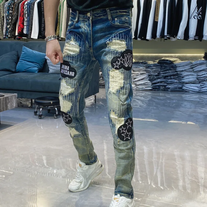 European Streetwear Fashion Jeans Hombre Denim Jean Contrasting Check Print Pattern Jeans Mens Trend Designer Jeans Masculina