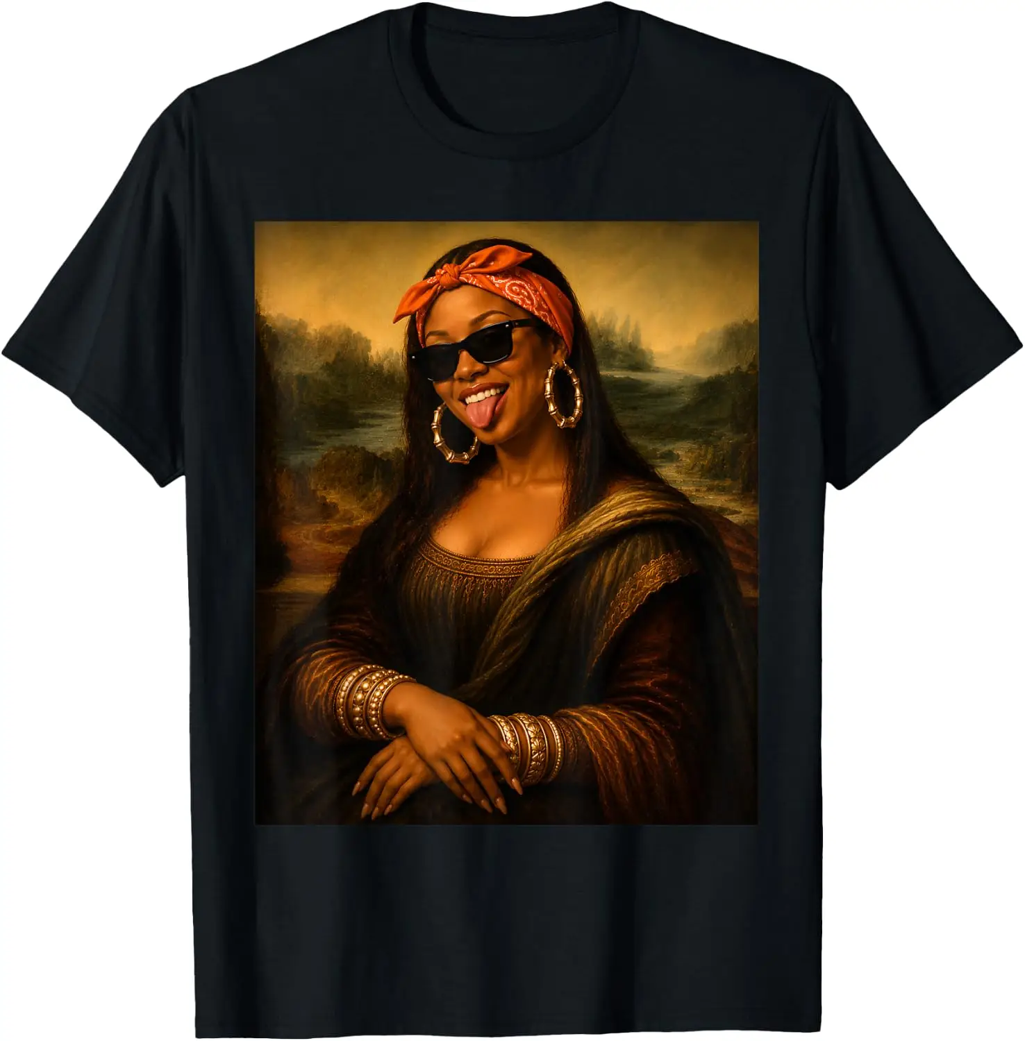 Mona Lisa African American Women Afro Black Diva T-Shirt Men Women Unisex Novelty Graphic T‑Shirt, Classic Crew Neck 100% Cotton Tee, Lightweight Anti‑Pilling Breathable Casual Tops, Year‑Round Daily Outfit, Holiday Birthday Present Tee for Friends Family