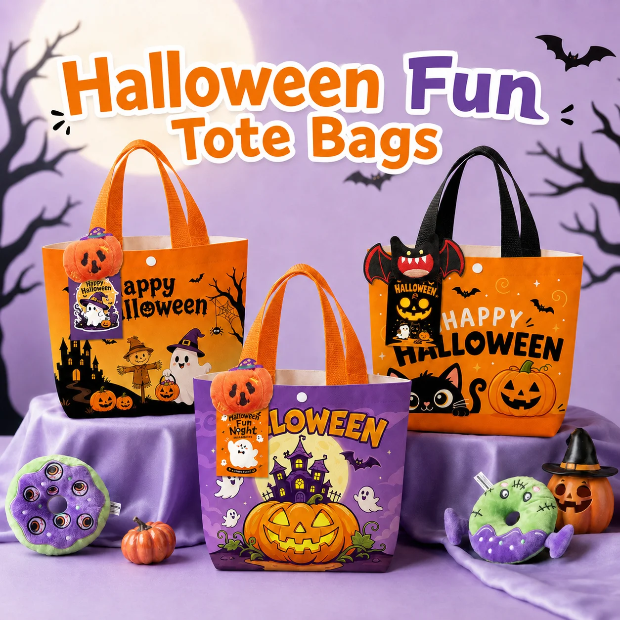 Shopping Bag Canvas Halloween Candy Bag Pumpkin Ghost Pattern Bag Festive For Halloween Theme Parties Trick Or Treat Activities