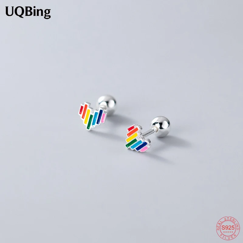 

Silver Rainbow Heart Shape Screw Stud Earrings For Women 925 Sterling Silver Birthday Gifts Jewelry