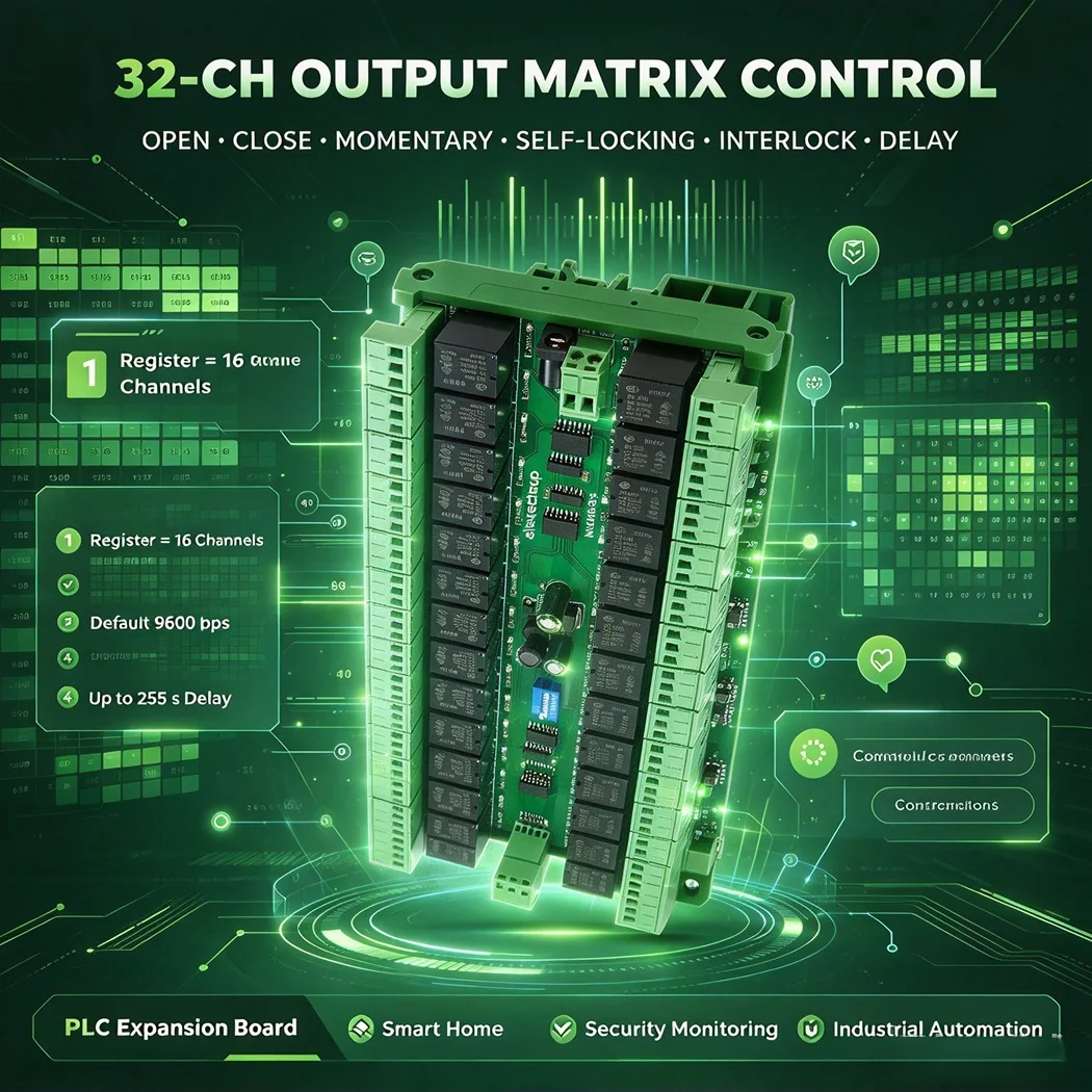 32CH Modbus RTU Relay Module 12V/24V 10A 250VAC Self-locking Interlock Momentary PLC Expansion Board RS485 Smart Home Motor