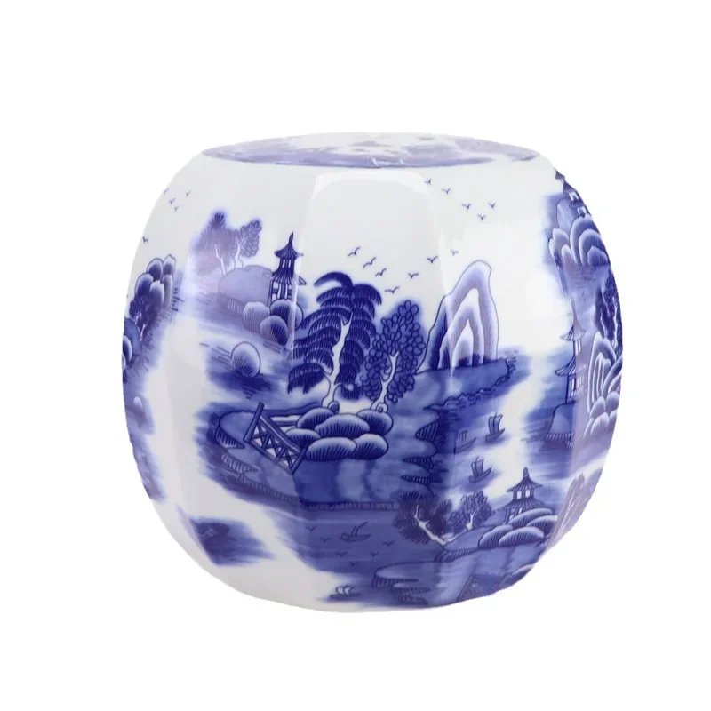 Blue and white landscape ceramic drum stool hand-painted ice plum polygonal stool bathroom living room pumpkin stool ornament