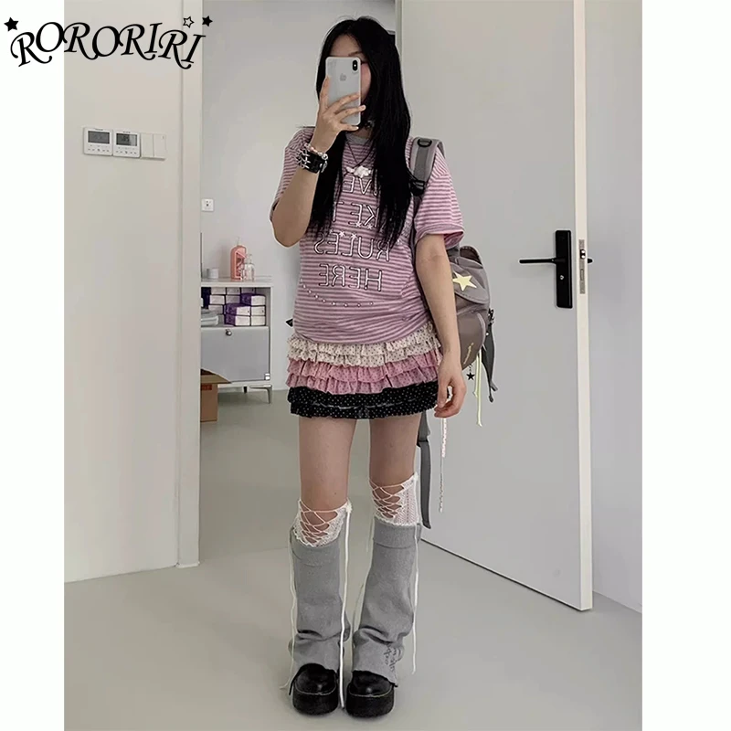 

RORORIRI Ретро контрастная мини-юбка в горошек женская с низкой посадкой на шнурке многоуровневая юбка-тортик с рюшами серая летняя одежда Y2k