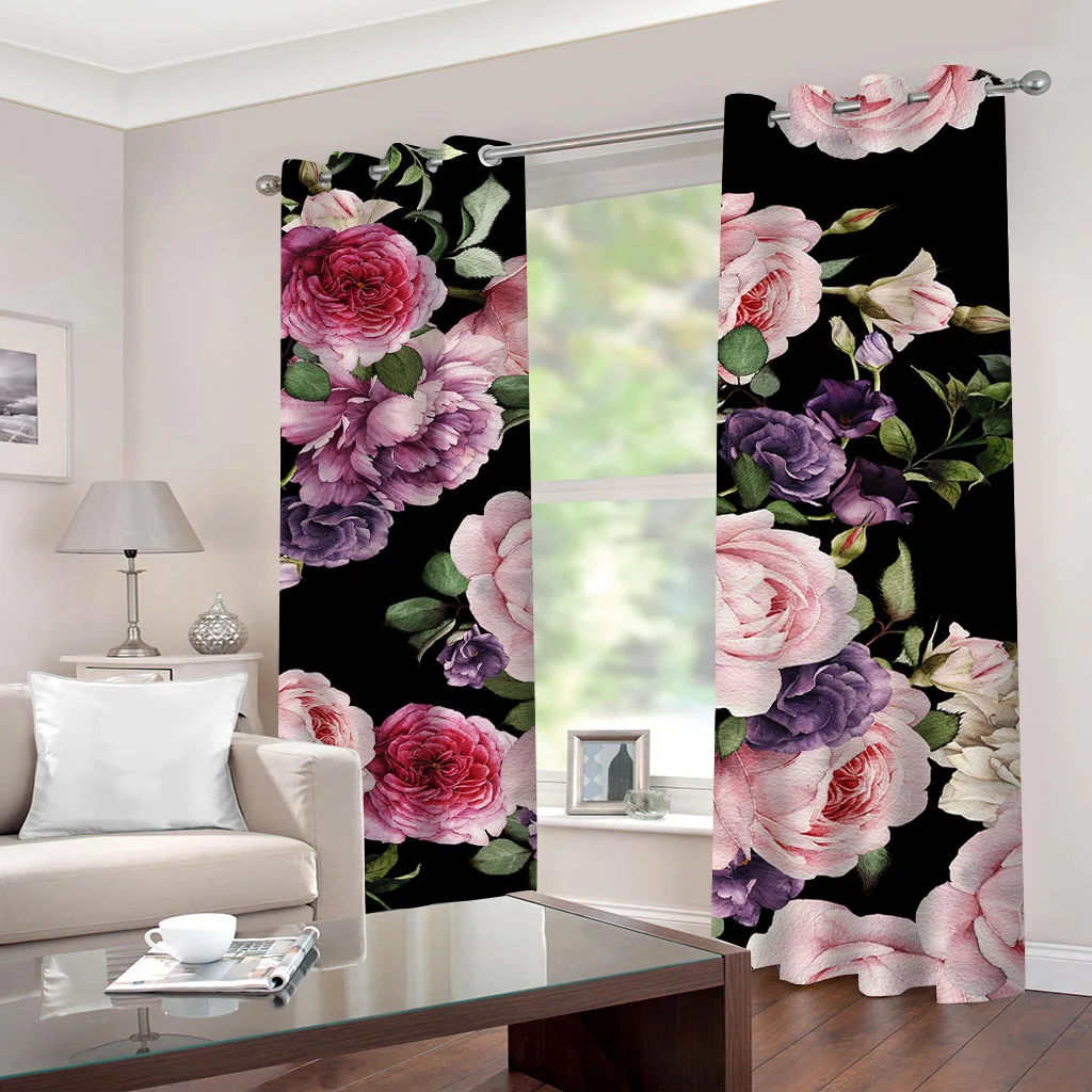 HUANZHUANG Elegant Room Curtains Pink Peony Flowers Best Selling Bohemian Style Living Room Bedroom Home Decor Curtains Free