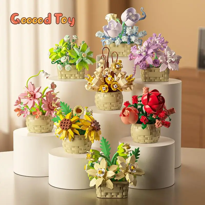 Flower Basket Building Block Flower Tabletop Decoration Model Roses Tulips Sunflower DIY Bonsai Plant Creative Blocks Bricks Toy