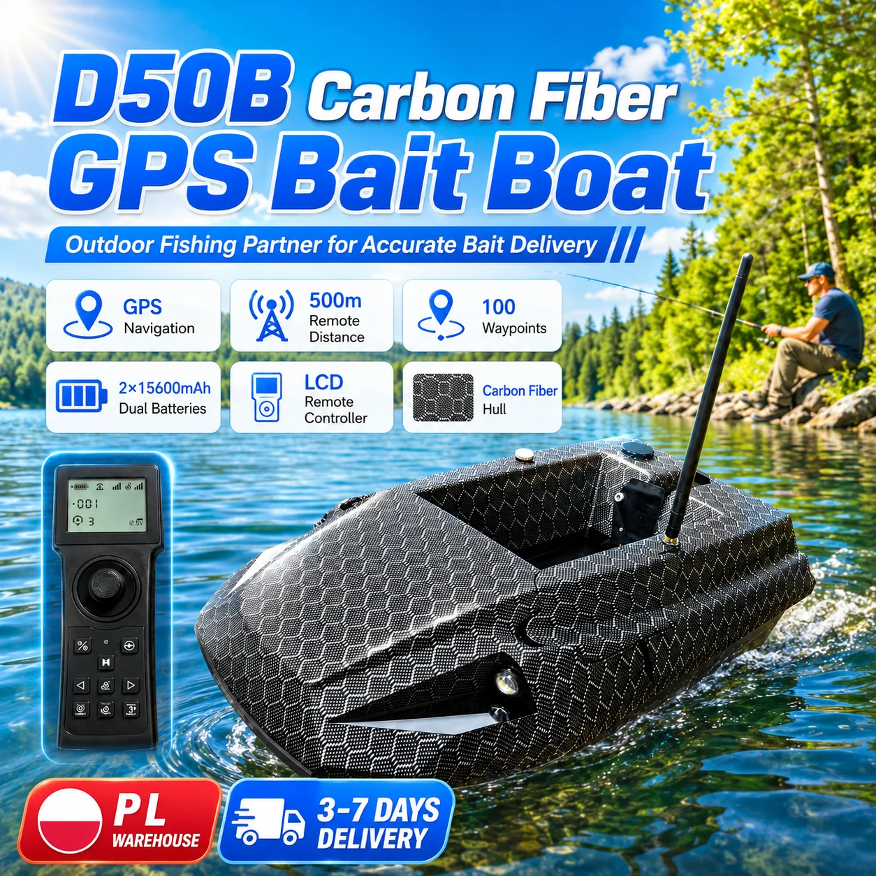 Nouveau Bateau à Appât GPS en Fibre de Carbone D50B 2026, Double Positionnement GPS Beidou, 15600mAh*2 12V, Bateau de Pêche RC pour la Pêche en Filet et la Lancer de Hameçons en Lac et en Mer