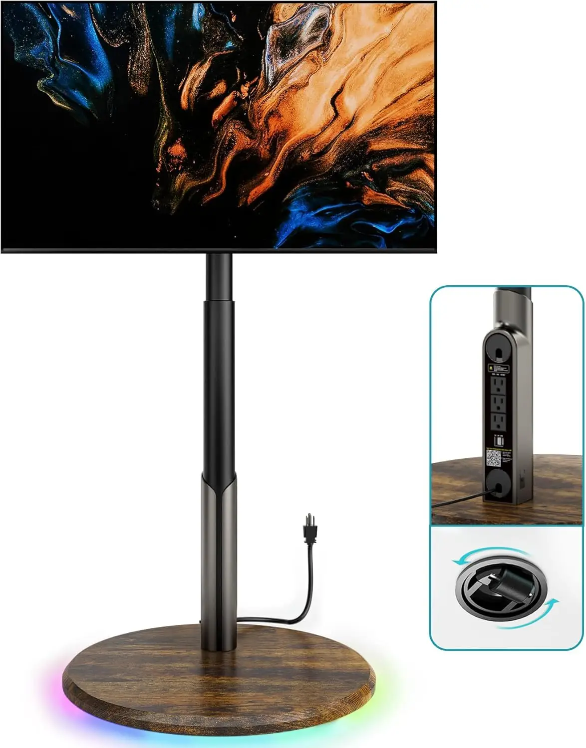 Mobile TV Stand with Power Outlet, Rolling Cart for 27-65 Inch Screens, Adjustable Height and RGB Wheels Supports 88lbs