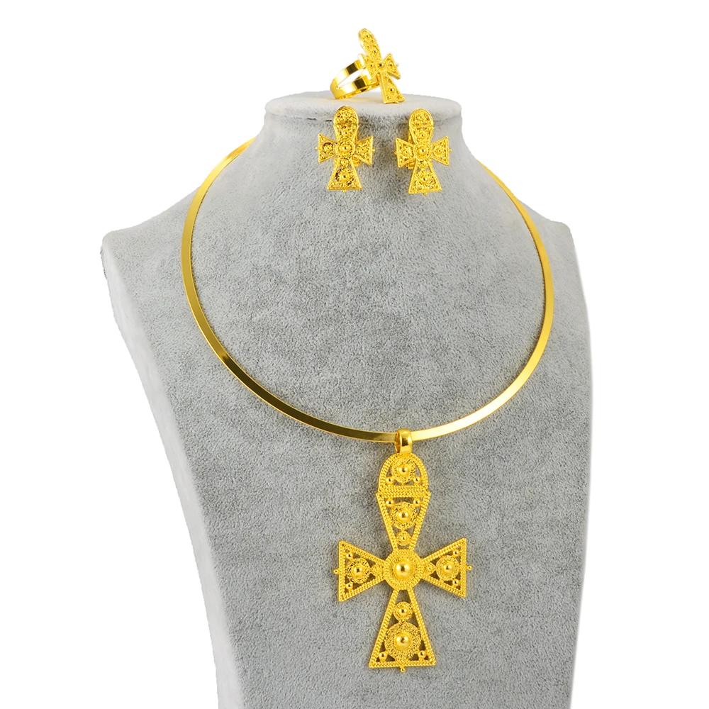 Anniyo Ethiopian Big Cross Jewelry Sets Chokers Pendant Earrings Ring Gold Color African Eritrea Traditional Wedding #333606