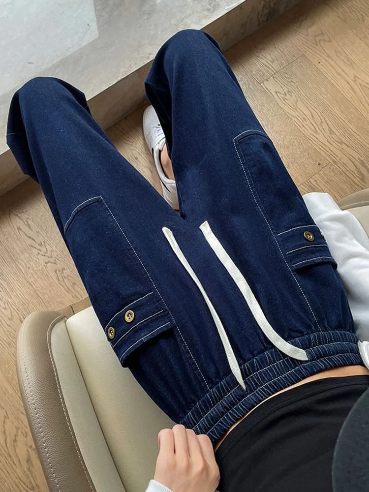 

Джинсы-шаровары на шнуровке с высокой талией, женские повседневные свободные винтажные брюки Vaqueros, модные эластичные мешковатые уличные джинсовые брюки в стиле ретро