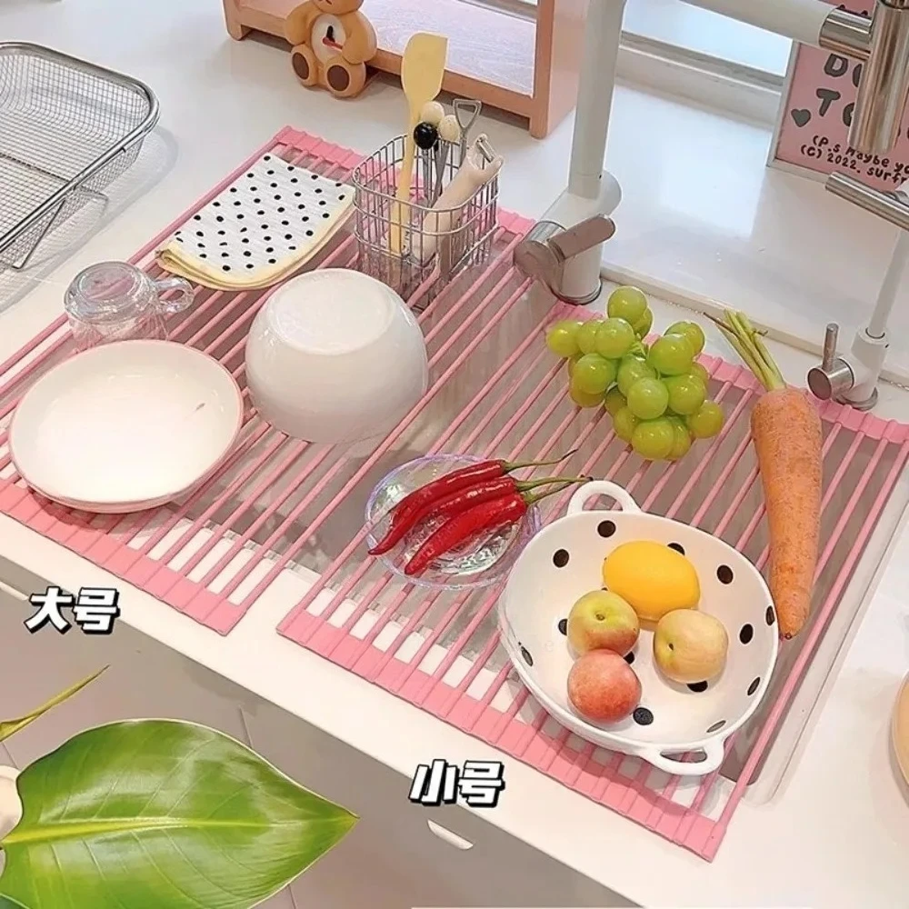 ins Pink kitchen sink drain rack Wash sink rack Rag Sponge storage counter top dish drain basket
