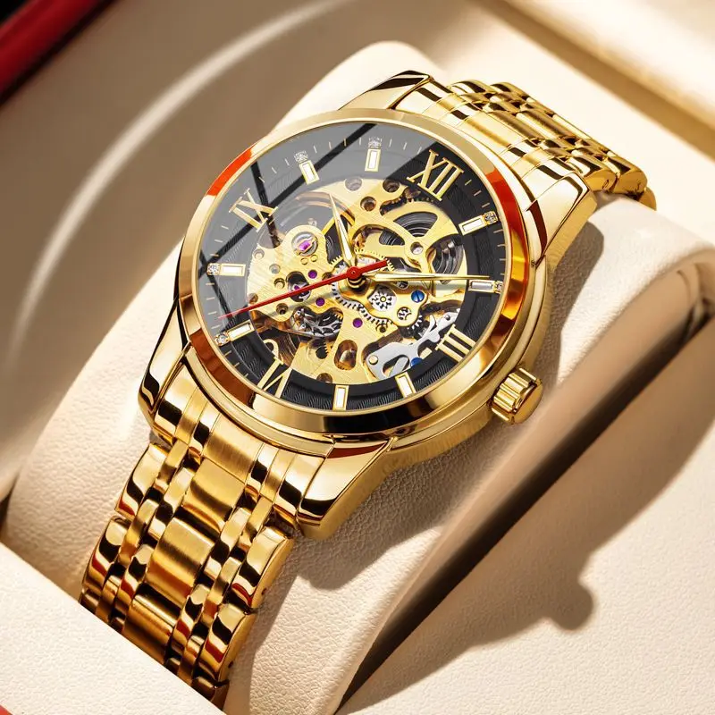 Men's Auto Skeleton Watch Waterproof Luminous Stainless Steel Exquisite watch Transparent Back for Business & Campus Style