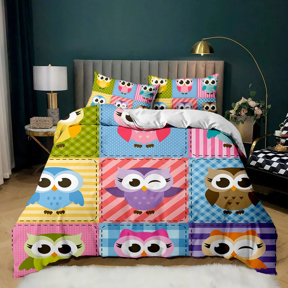 Owl Bedding Set King Size Cute Owl and Stars Decor Comforter Cover Outer Space Duvet Cover Kids Boys Girls Polyester Quilt Cover