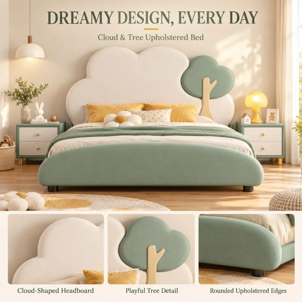 Modern Light Luxury Cloud Shaped Bed, Cute Cartoon Soft Cushion Bed Frame, Eco-Friendly Durable Large Storage Bedroom Furniture