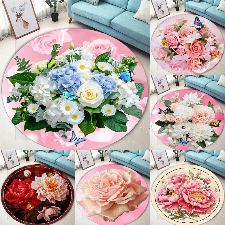 Circular Flower Carpet Mat  Rose Peony Butterfly Pattern Design  Floral Print Decorative Floor Mat Modern Home Decoration