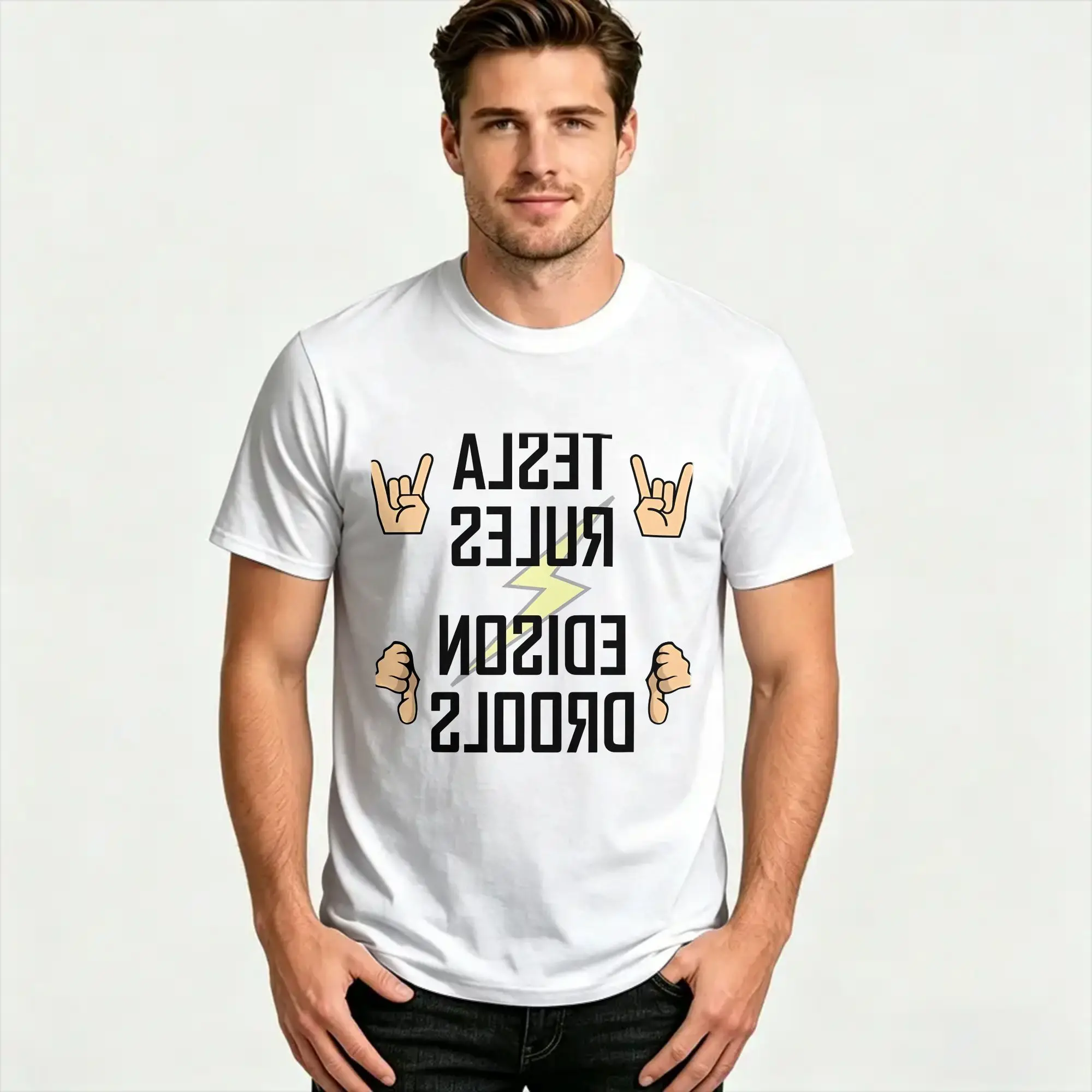 Tesla Rules Edison Drools Men's T Shirt  Novelty Tees Short Sleeve Crewneck T-Shirt 100% Cotton Plus Size Tops