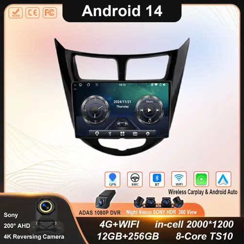 Imagen 1 del producto Android 14 Radio del coche para Hyundai Solaris Accent I25 2010 2011 2012 2013 2014 2015 2016 navegación GPS QLED BT unidad principal 4G WIFI