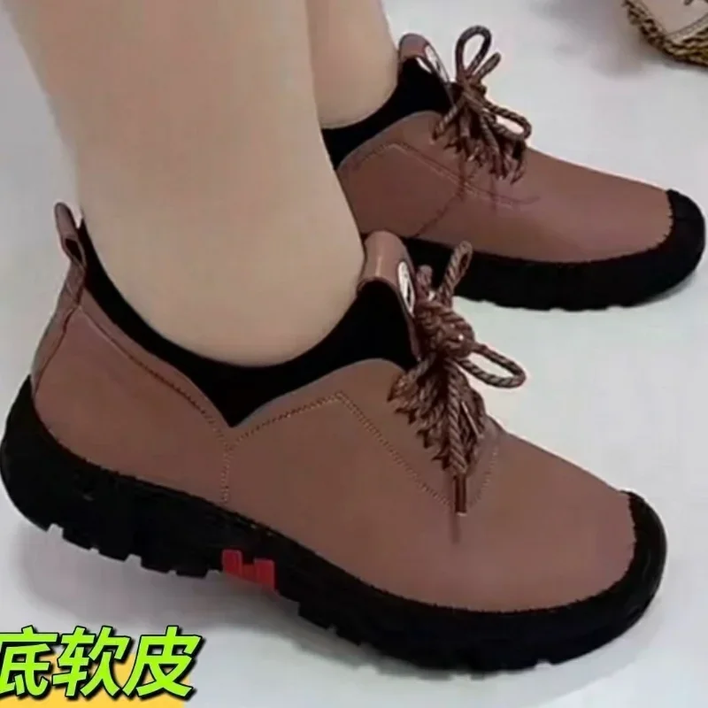 Woman Single Shoes 2023 Spring New Vintage Lace Up Soft Soled Non Slip Women Flats Fashion Soft Leather Ladies Casual Shoes