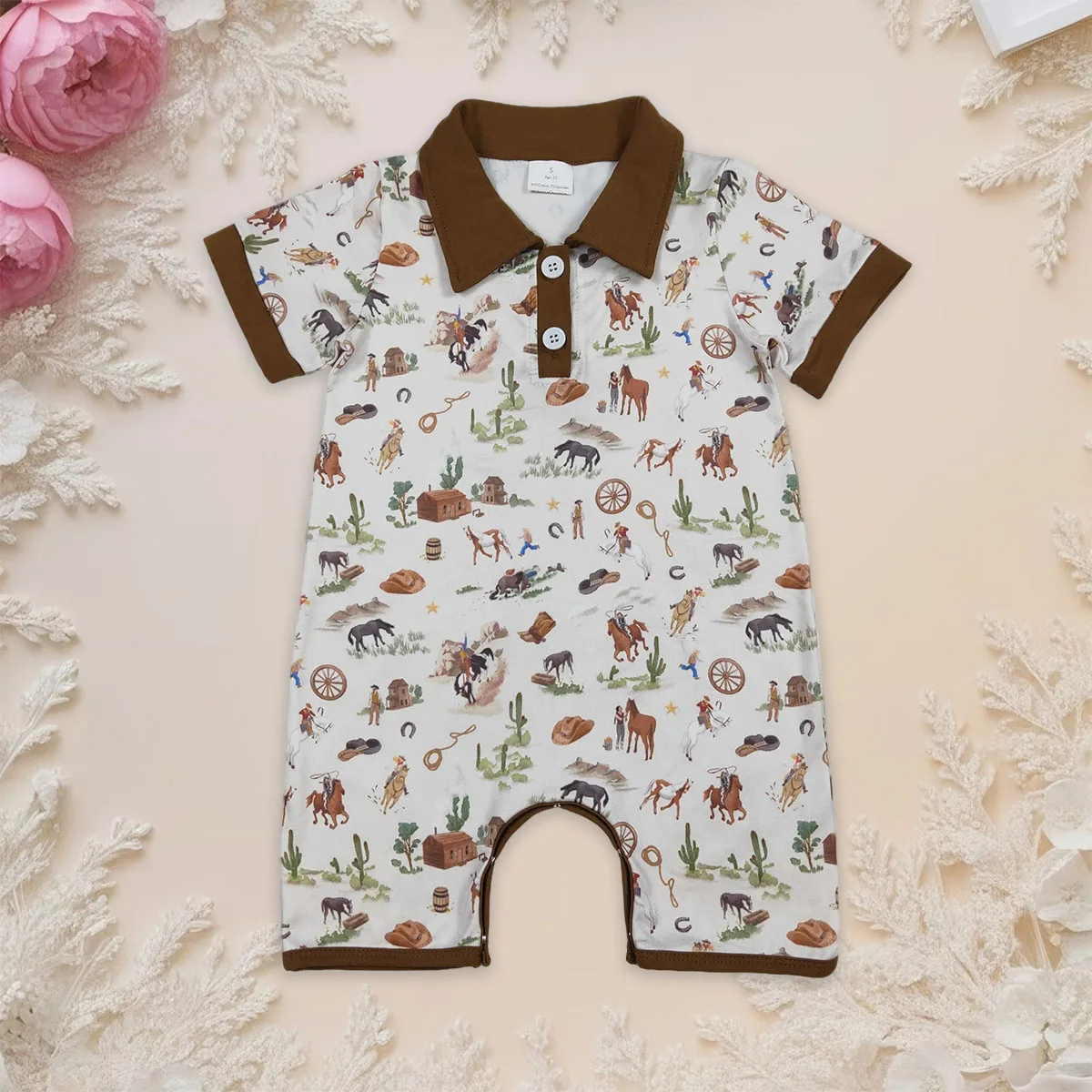 Newborn Baby Boy Short Sleeve Horse Rodeos Cactus Western Button Romper Cutest Kids Jumpsuit Toddler Children Clothing Wholesale