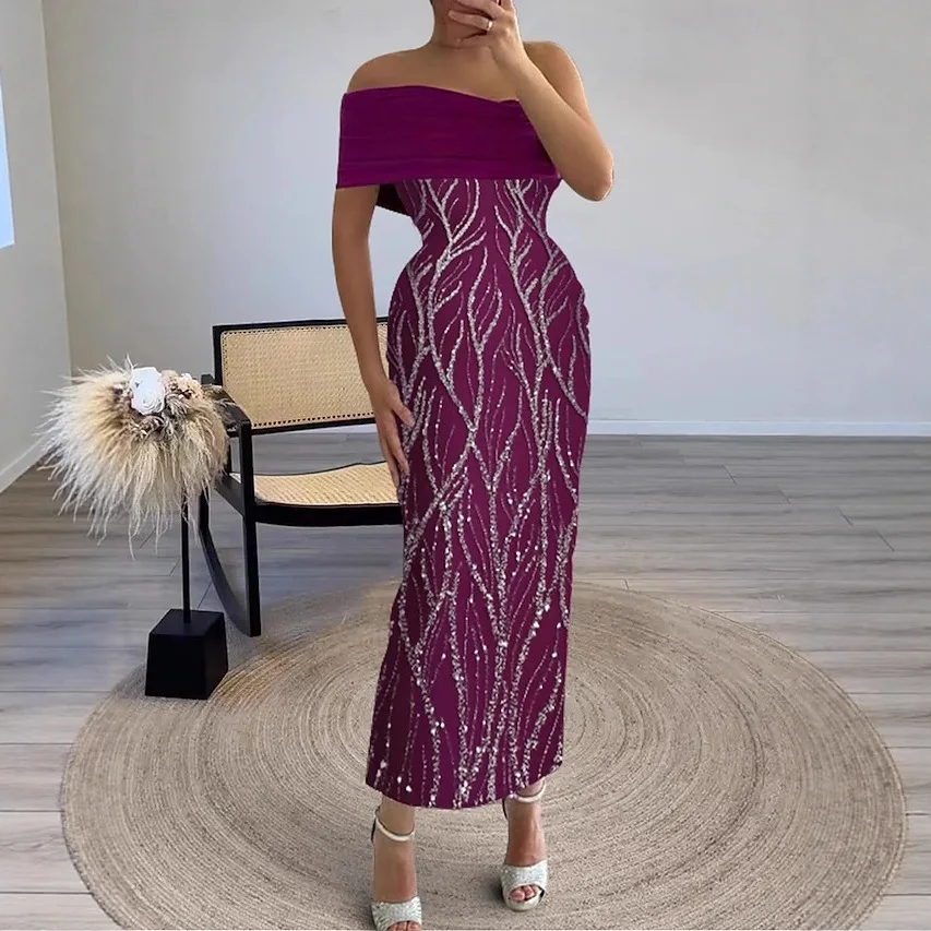 Abito da sera moderno tubino viola formale monospalla con paillettes perline alla caviglia abiti da ballo di fine anno Robe De Soiree