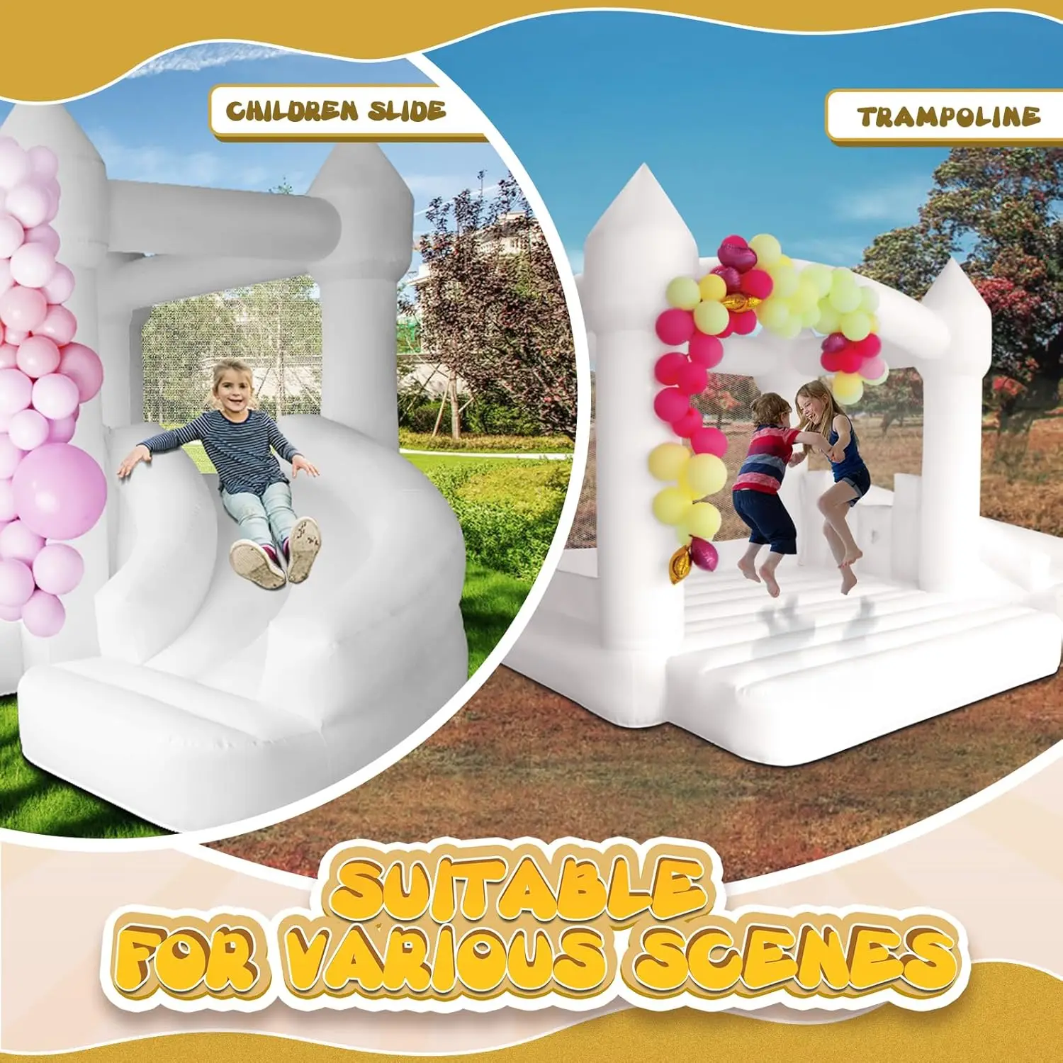 화이트 바운스 하우스 인플레이터블 점핑 캐슬 슬라이드 및 에어 블로워 포함 어린이용, 웨딩 및 생일 파티용, 17 * 11 * 10FT