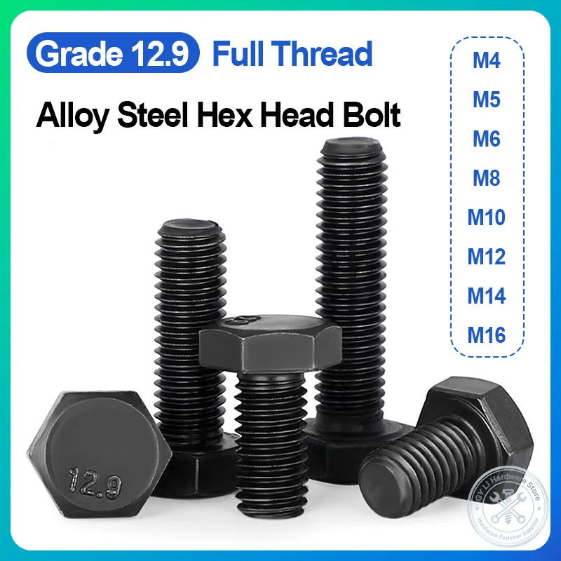 12.9 Grade Alloy Steel Full Thread Hex Bolt External Hexagon Head High Tensile Screw M4-M16 Length 6-70mm DIN933 Fastener