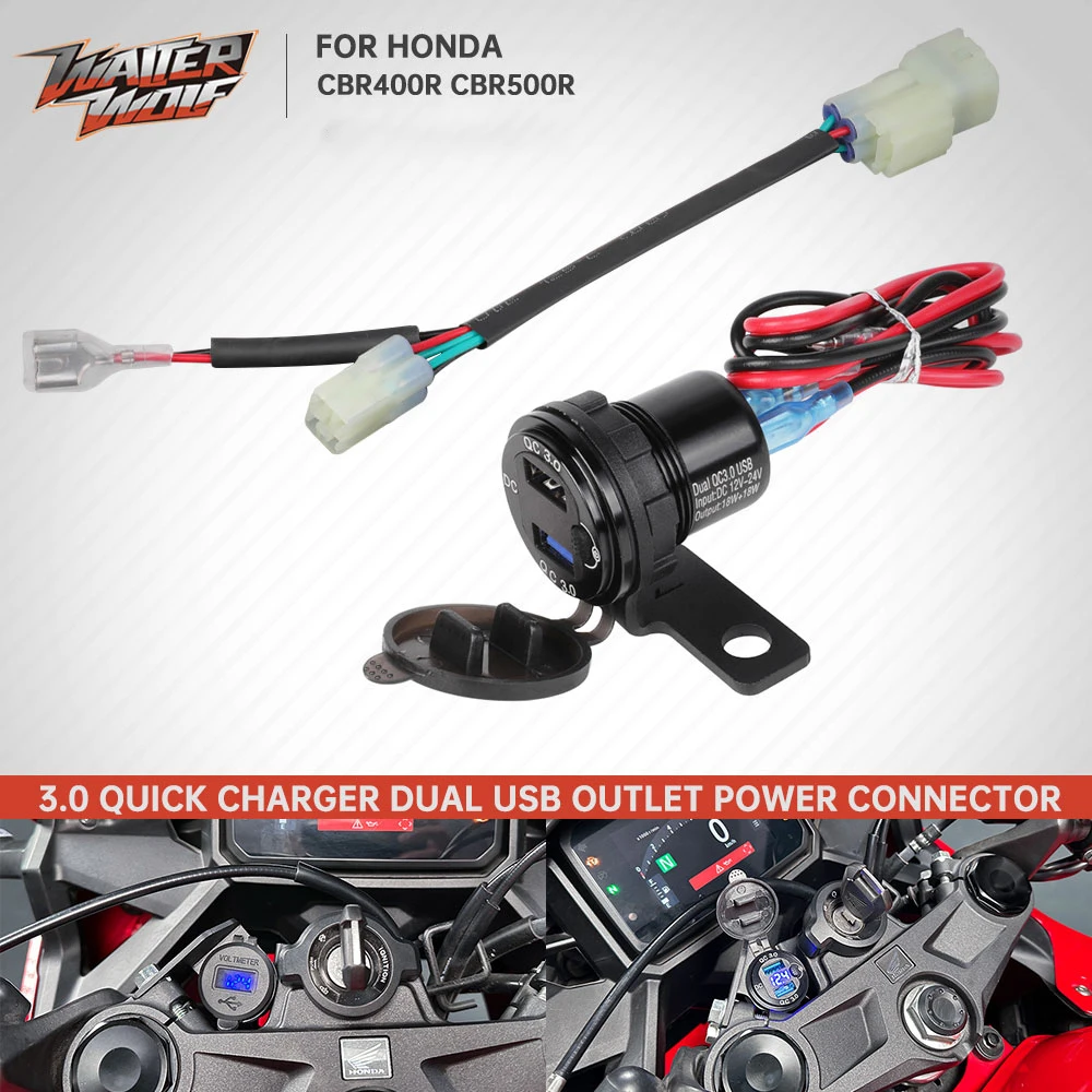 

Motorcycle Auxiliary QC Dual USB Charger For Honda CBR500R CBR400R CBR 500R 400R 2024-2025 Power Outlet Connector Wiring
