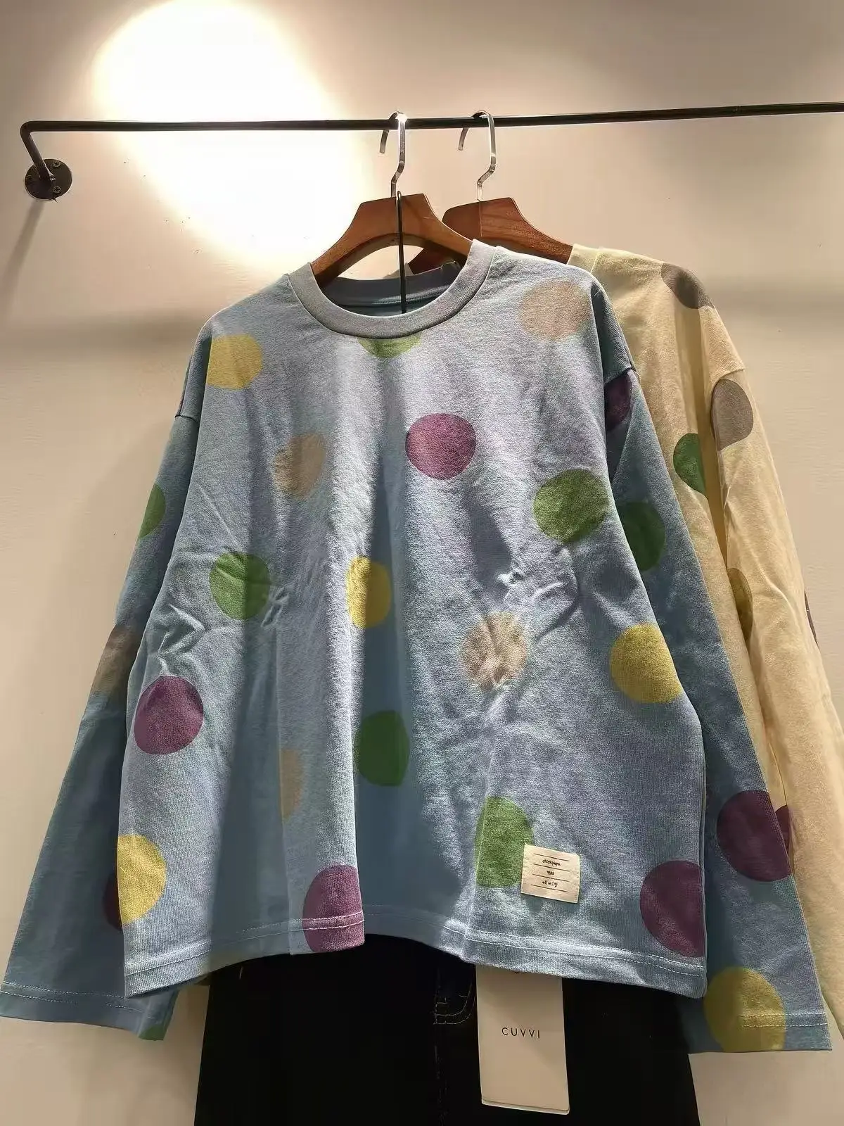 Bust 116cm pure cotton polka dot print t shirt for women autumn harajuku fashion Japanese style beige blue dot long sleeve tops