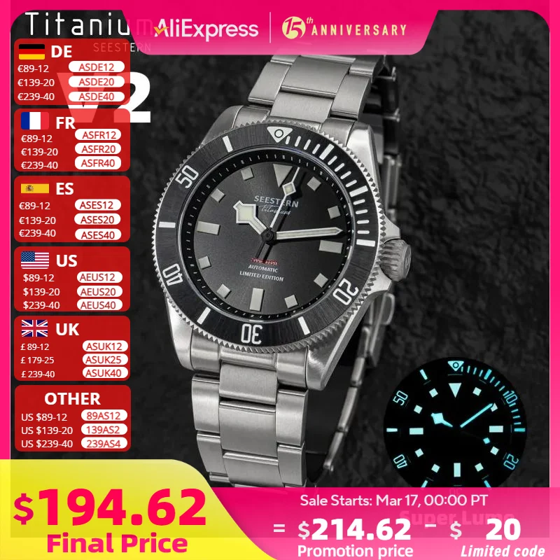 2023 New Titanium Grade 2 Men Watch Automatic NH38 Movement 200M Dive Wristwatches Sapphire Crystal BGW9 SUPER Luminous SEESTERN