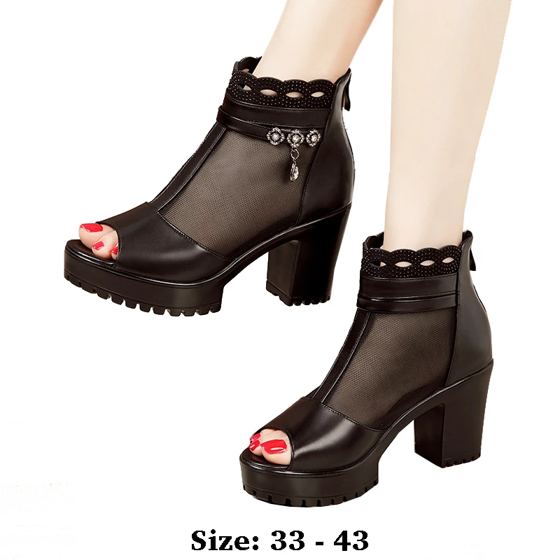 

High quality leather sandals for women 6cm 8cm high heel new 2025 summer size 33 34 platform open toe elegant fashion shoe black