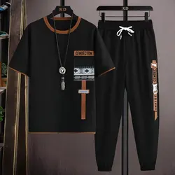 Conjunto de calças e t-shirts multibolso masculino, roupa coreana, ternos estampados, corredores, roupa de verão, novo, conjunto de 2 peças, 2024