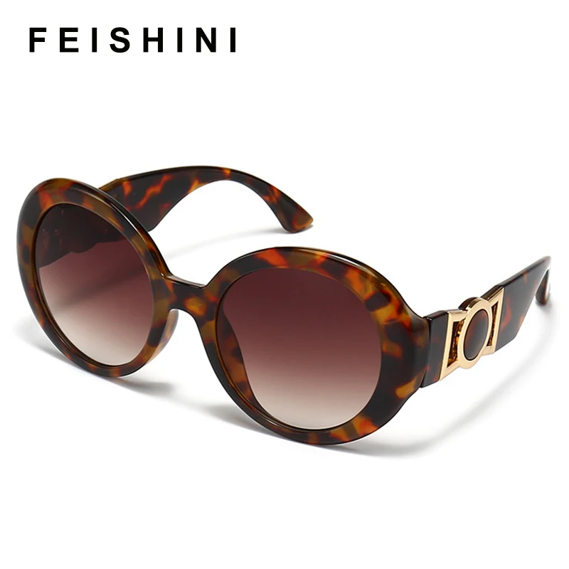 

FEISHINI INS Fashion Brown Gradient Sun glasses Round Sunglasses Women Vintage Oversized Classic Brand Designer