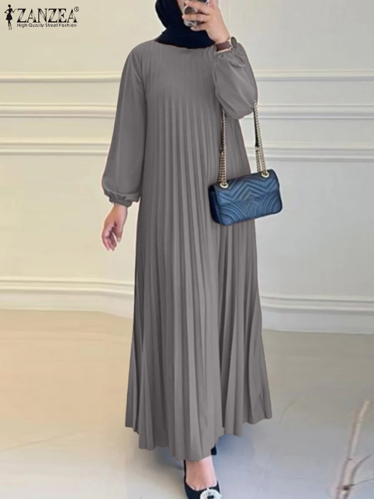 

ZANZEA, скромные халаты в стиле хиджабиса, Ид, Абая, женские мусульманские модные однотонные плиссированные длинные платья с круглым вырезом, осень 202, свободные платья трапециевидной формы