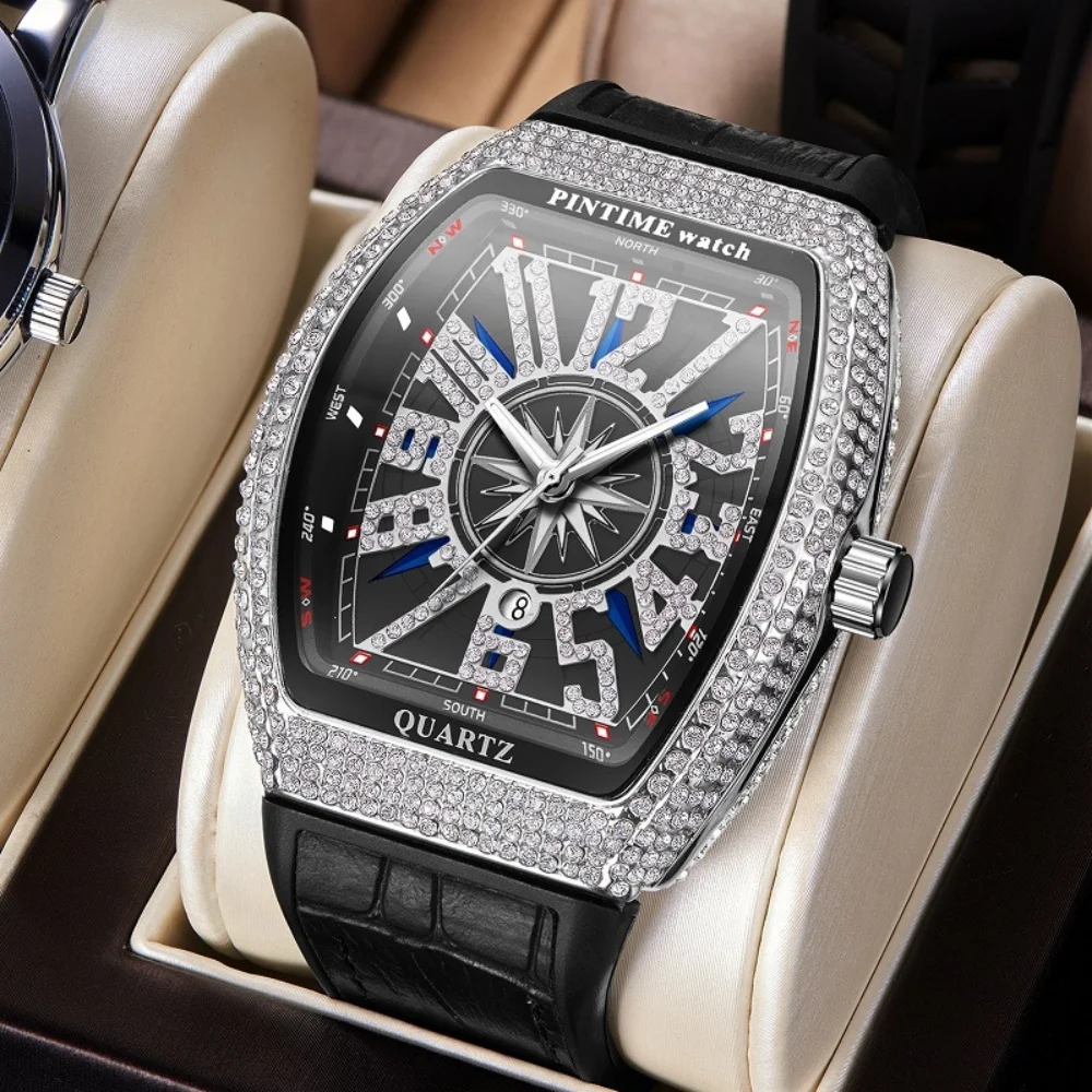 Diamond Watch Men Luxury Iced Out Watches Tonneau Arabic Numeral Dial Quartz Wristwatches Male Clock with Box Relogio Masculino