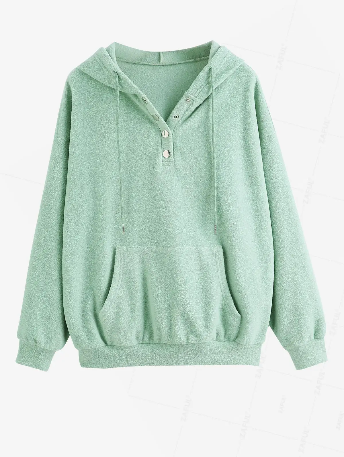 ZAFUL Women's Daily Solid Color Front Pocket Drop Shoulder Snap Button Drawstring Textured Polar Fleece Loose Hoodie