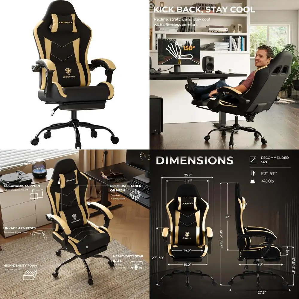 Ergonomic Leather Mesh Gaming Chair with Footrest, Massage Lumbar Support, Adjustable Height and Headrest Pillow for Comfortable