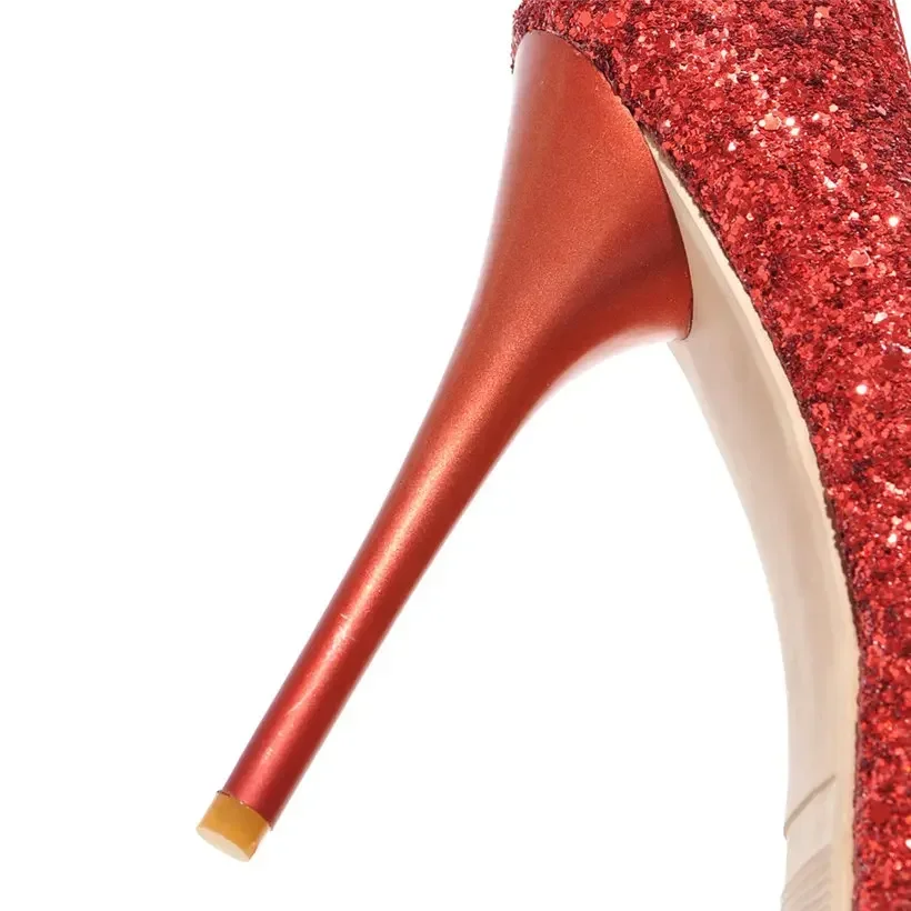 Silver Gold Women Platform Pumps High Spike Heels Red Sequined Cloth Wedding Bridal Party Office Ladies Summer Peep Toe Stiletto