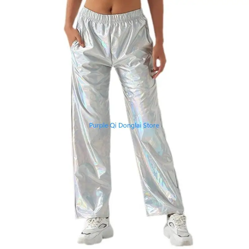

L21E Танцевальные штаны Женские блестящие Светоотражающие металлические свободные клубные брюки с карманами