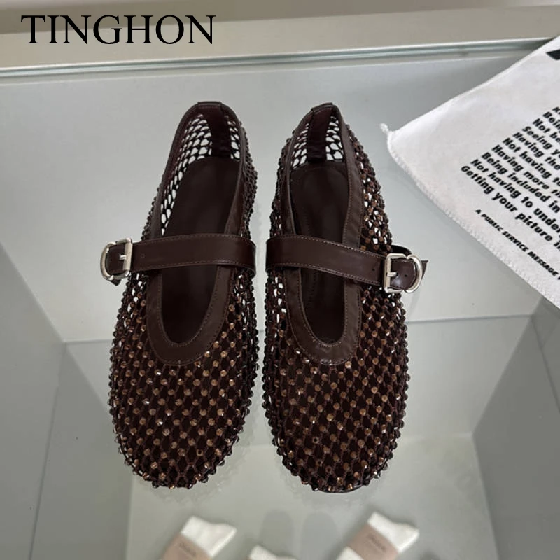 Летние дизайнерские женские туфли TINGHON с сеткой и стразами, модные повседневные сандалии с круглым носком и ремешком на пряжке, размеры 35-41