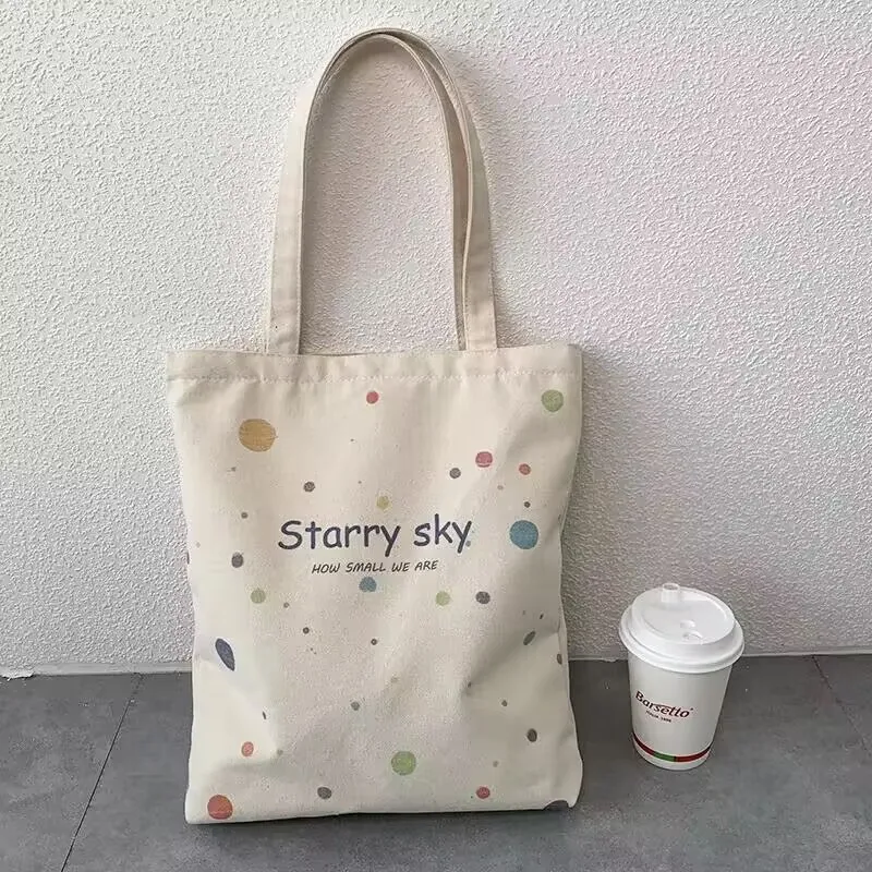 Starry Sky Pattern Canvas Bag, Fashion Zipper Tote Bag, Trendy Shoulder Bag For School & Shopping