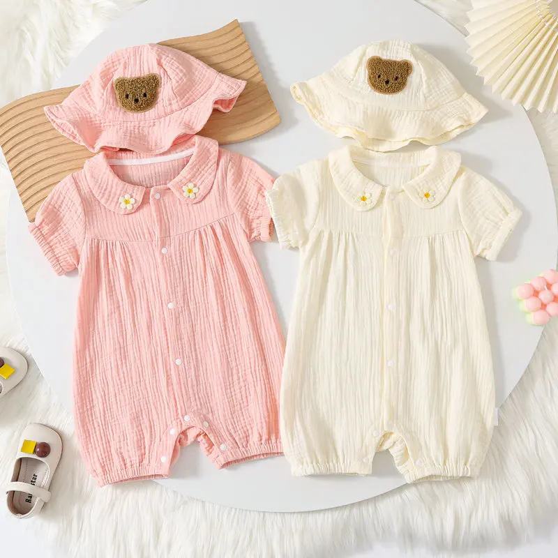 

Baby Gauze Romper Summer Outfit 0 - 2Y Short Sleeved Thin Cotton One - Piece Jumpsuit Sweet Girl Newborn Crawl Suit Hat Set