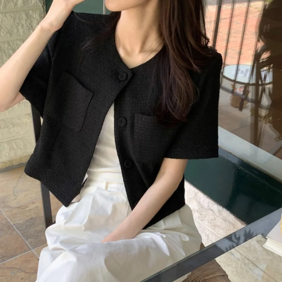 Slimming Plaid Short Sleeve Open Cardigan Women's Fashion Style Versatile Cotton Summer Outerwear Elegant Ladylike Design