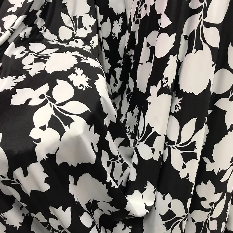 Black and White Floral Printed Milk Silk Fabric Dress Yoga Dance Costume Tight Fitting Base Four Sided Elastic Fabric