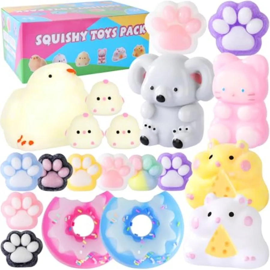 Squishy 20Pack, Kit de brinquedos Squishy Fidget, inclui brinquedos de pintinho, patas de gato, hamster, brinquedo de alívio do estresse, brinquedos de apertar, festa